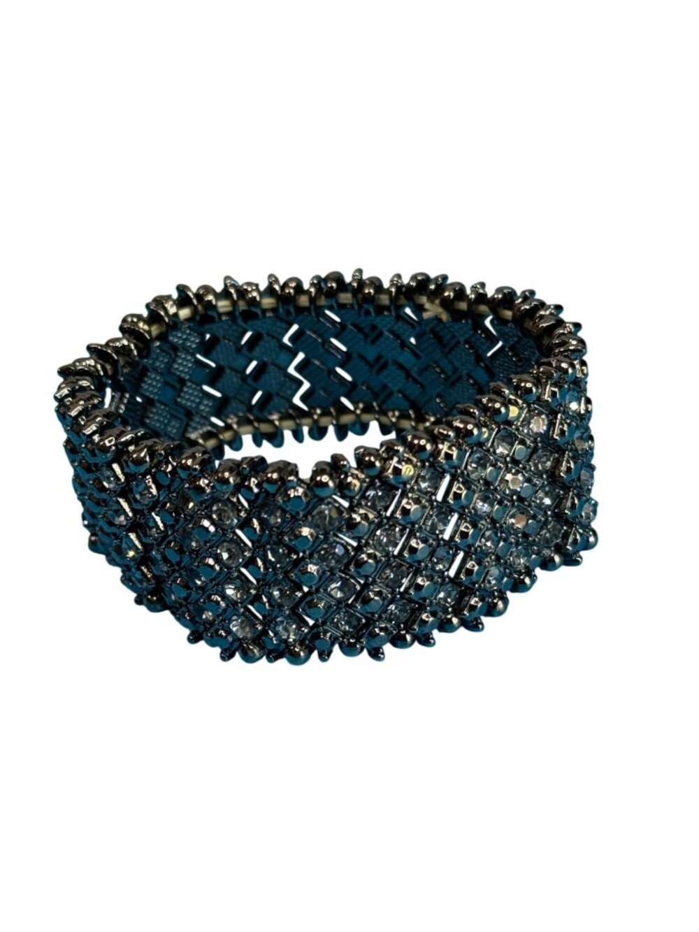 Wide Gunmetal Crystal Stretch Cuff Bracelet Black Chrome Rhinestone Mesh 7" - Picture 6 of 7